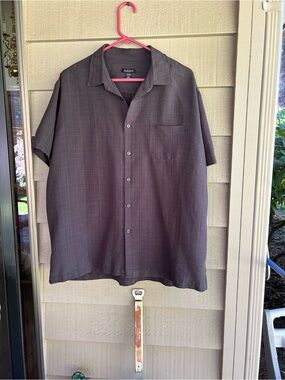 Van Heusen Men's Short Sleeve Button Shirt - Dark Brown Plaid, straight hem